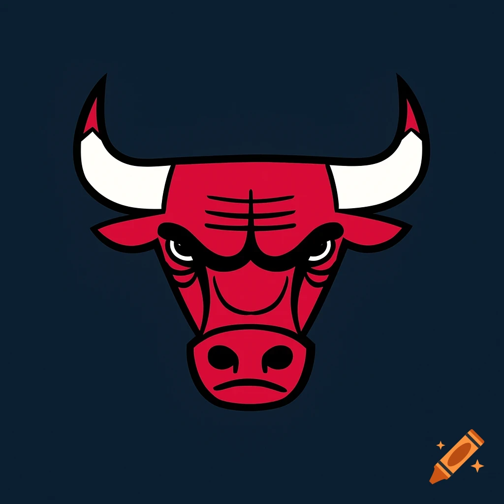 Stylized red bull head logo with white horns and black outlines on a dark blue background.