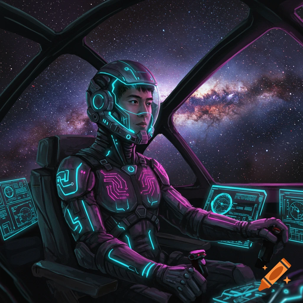 An Asian male sci-fi pilot in a neon-lit suit sits in a spaceship cockpit, looking out at a starry galaxy.