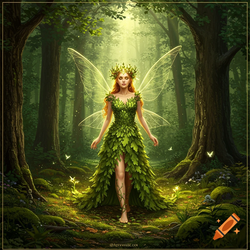 A red-haired fairy goddess with glowing wings and a leaf dress walking barefoot in a sunlit, enchanted forest.