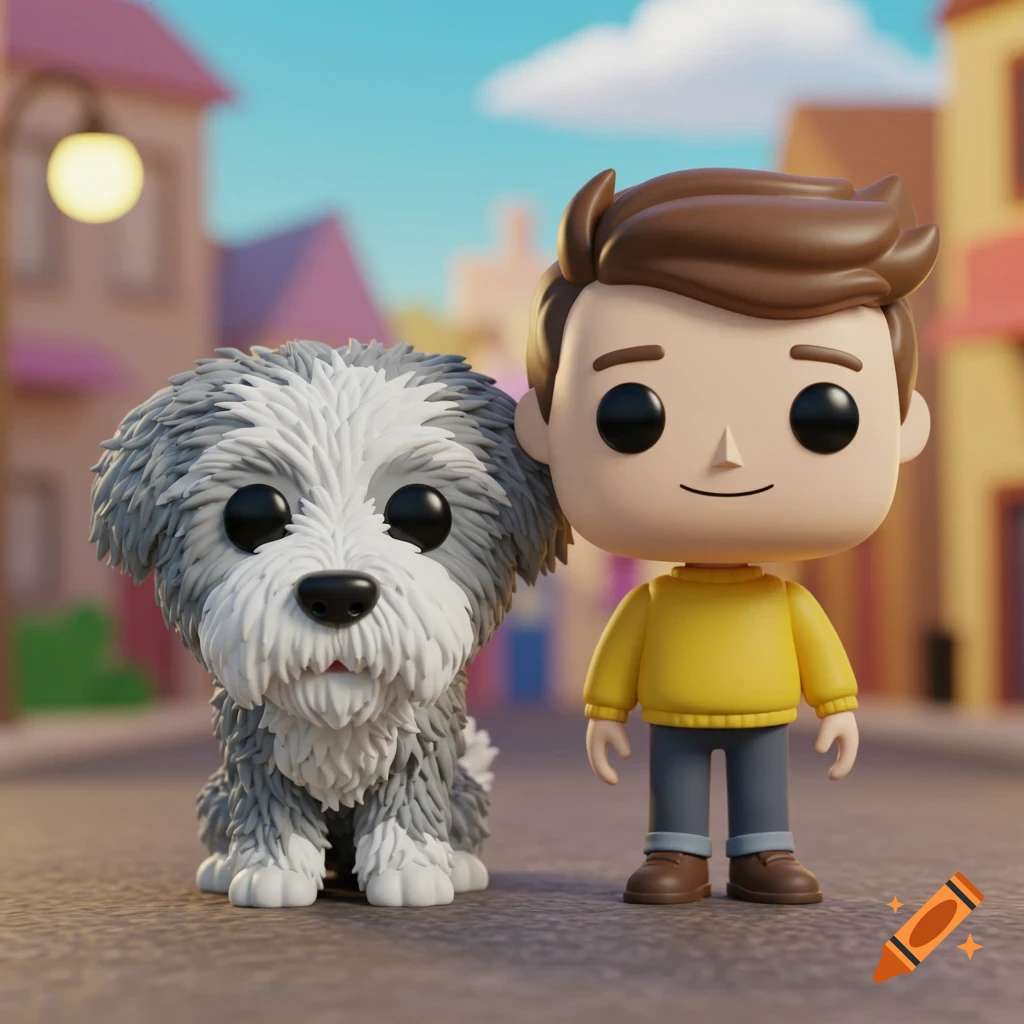 A Funko Pop-style boy in a yellow sweater and gray pants stands next to a fluffy white and gray Funko Pop dog on a street, with blurred buildings in the background.