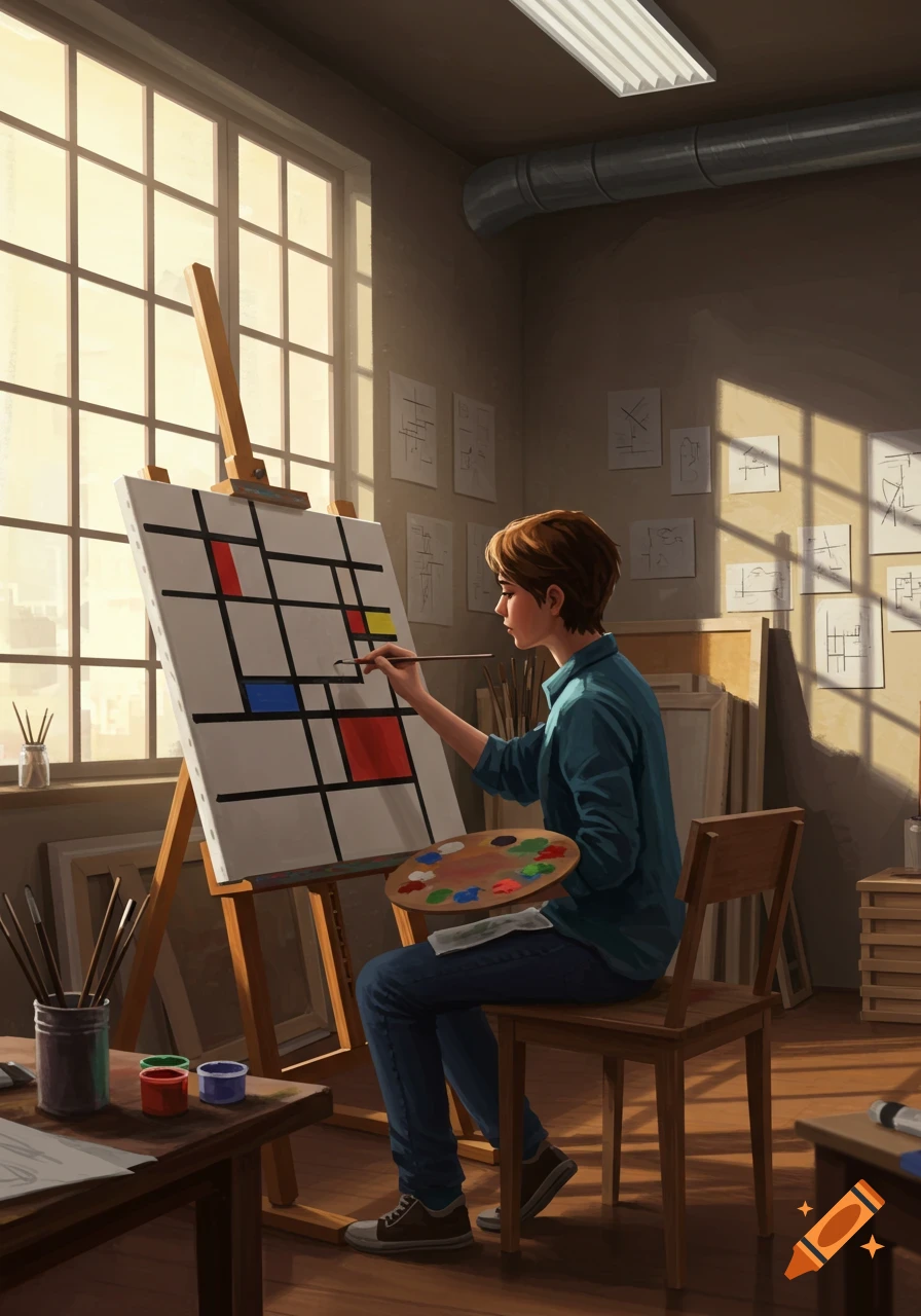 A student sits in a sunlit art studio, painting a Piet Mondrian-style abstract artwork on an easel.
