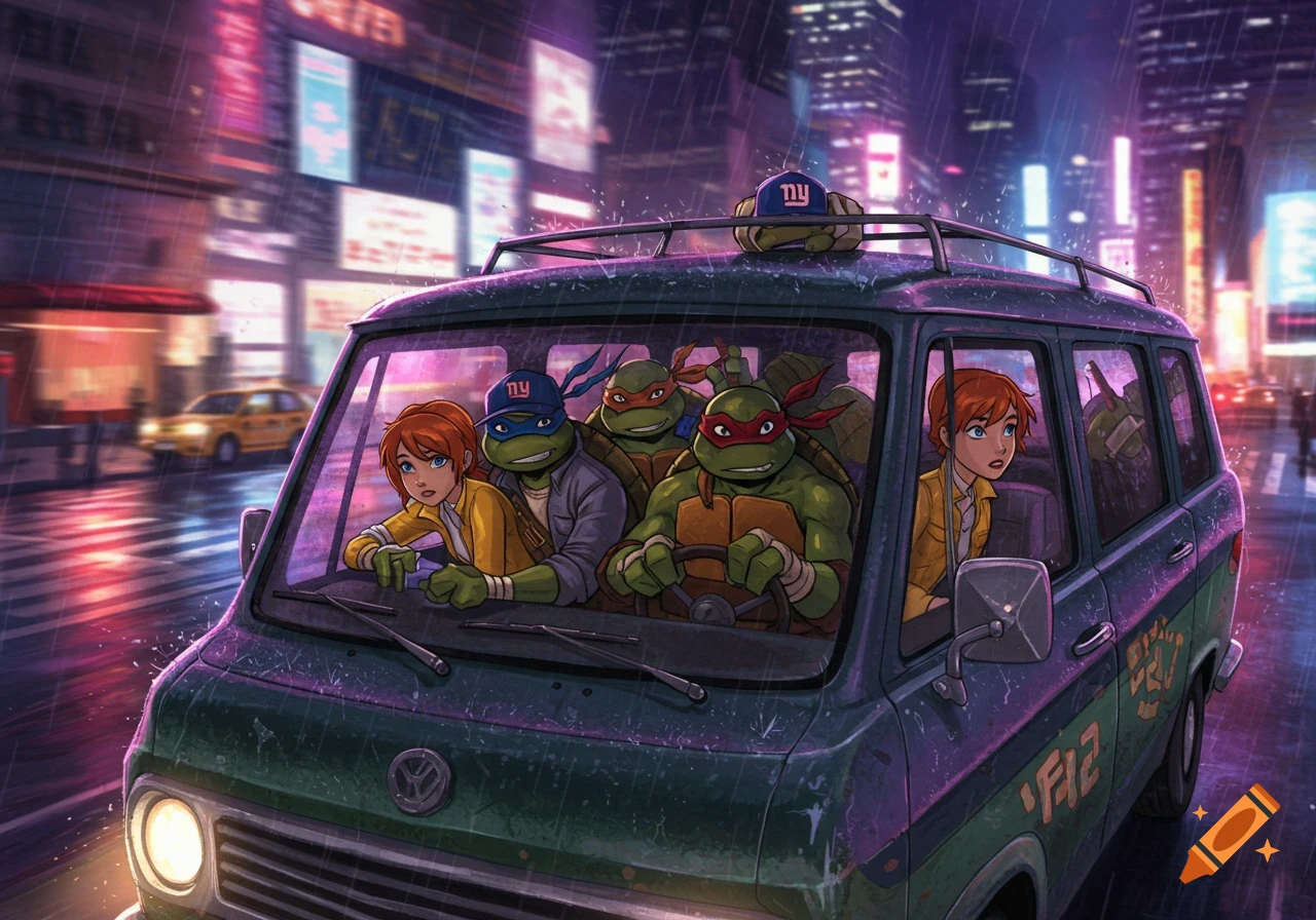 Cartoon art of Teenage Mutant Ninja Turtles and April O'Neil driving a van through a rainy New York City at night.