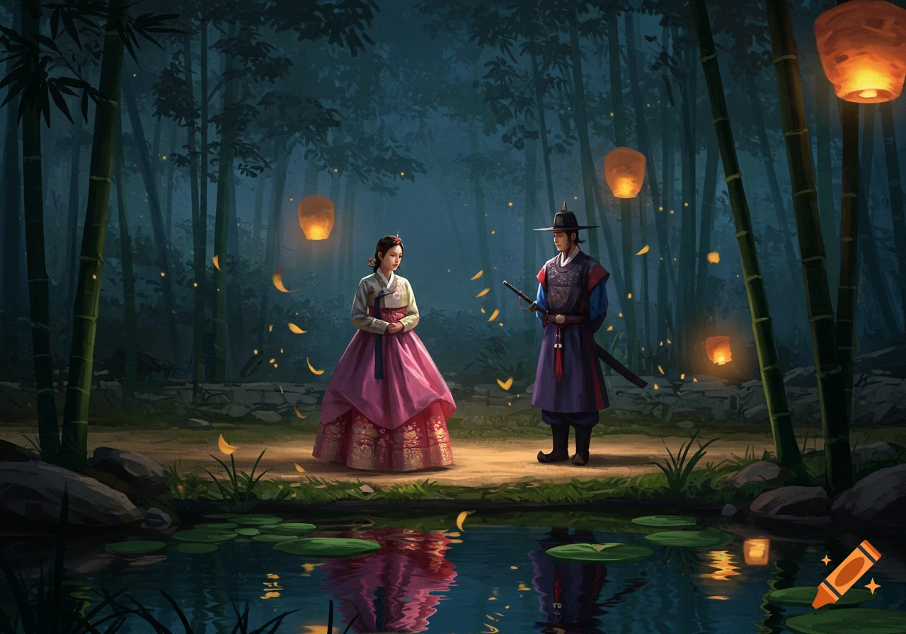 A man in a blue guard uniform and a woman in a pink Hanbok stand in a moonlit bamboo forest with floating lanterns and a reflective pond.