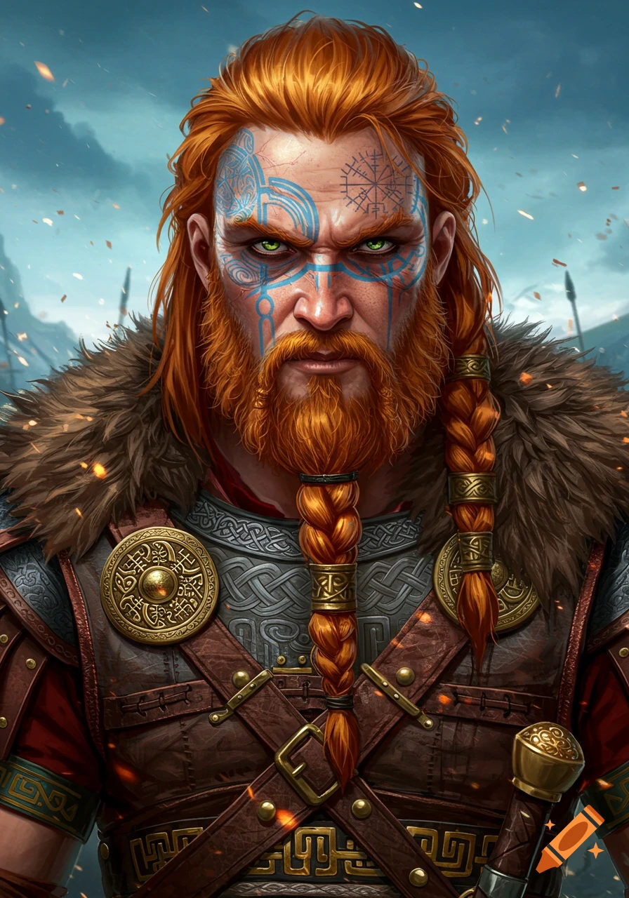 Detailed fantasy portrait of a fierce redhead Viking warrior with green eyes, braided beard, and blue face tattoos.