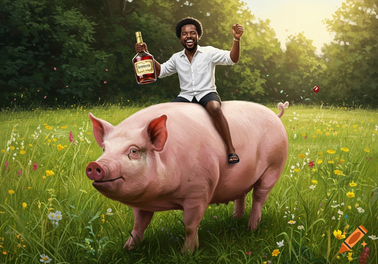 A smiling Black man rides a large pink pig through a grassy field, holding a liquor bottle and raising a fist.