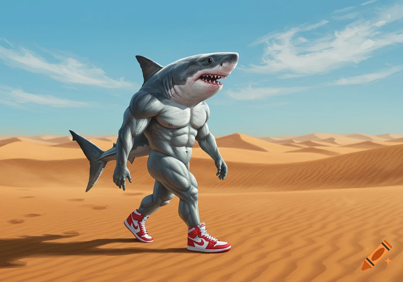 A muscular, bipedal shark in red and white sneakers walks through a sandy desert under a blue sky, digital art.
