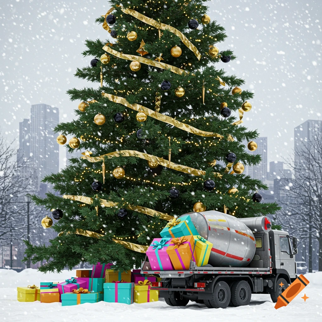 A festive Christmas tree with gold and black ornaments and colorful gifts in a snowy city, next to a concrete truck loaded with presents.