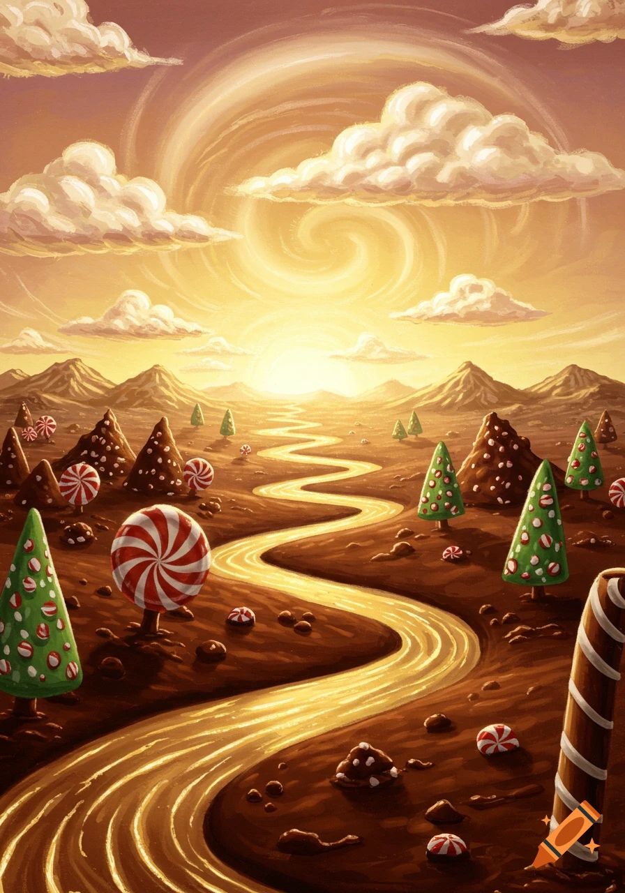 Vibrant fantasy landscape with a golden river flowing through chocolate mountains, candy trees, and lollipops under a swirling sunset sky.