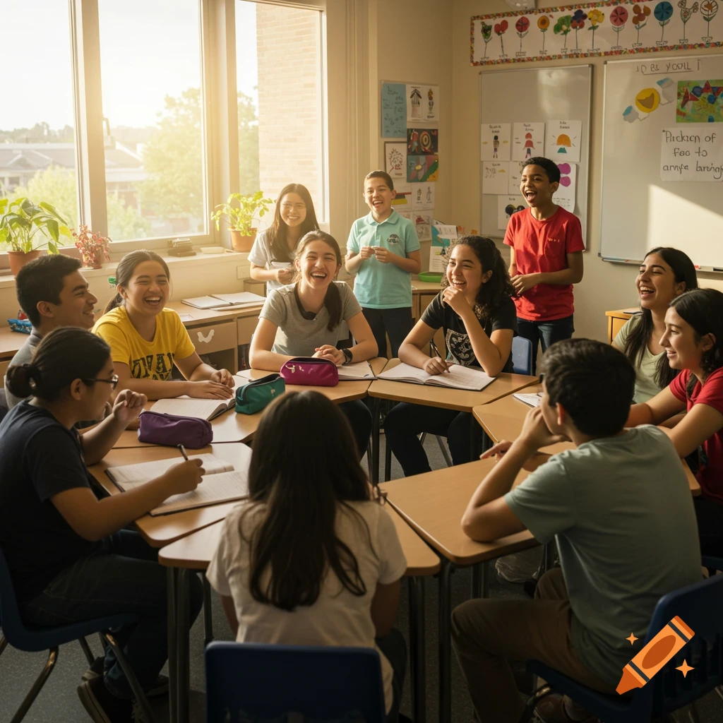 Happy diverse students laughing and interacting at hexagonal desks in a bright classroom.