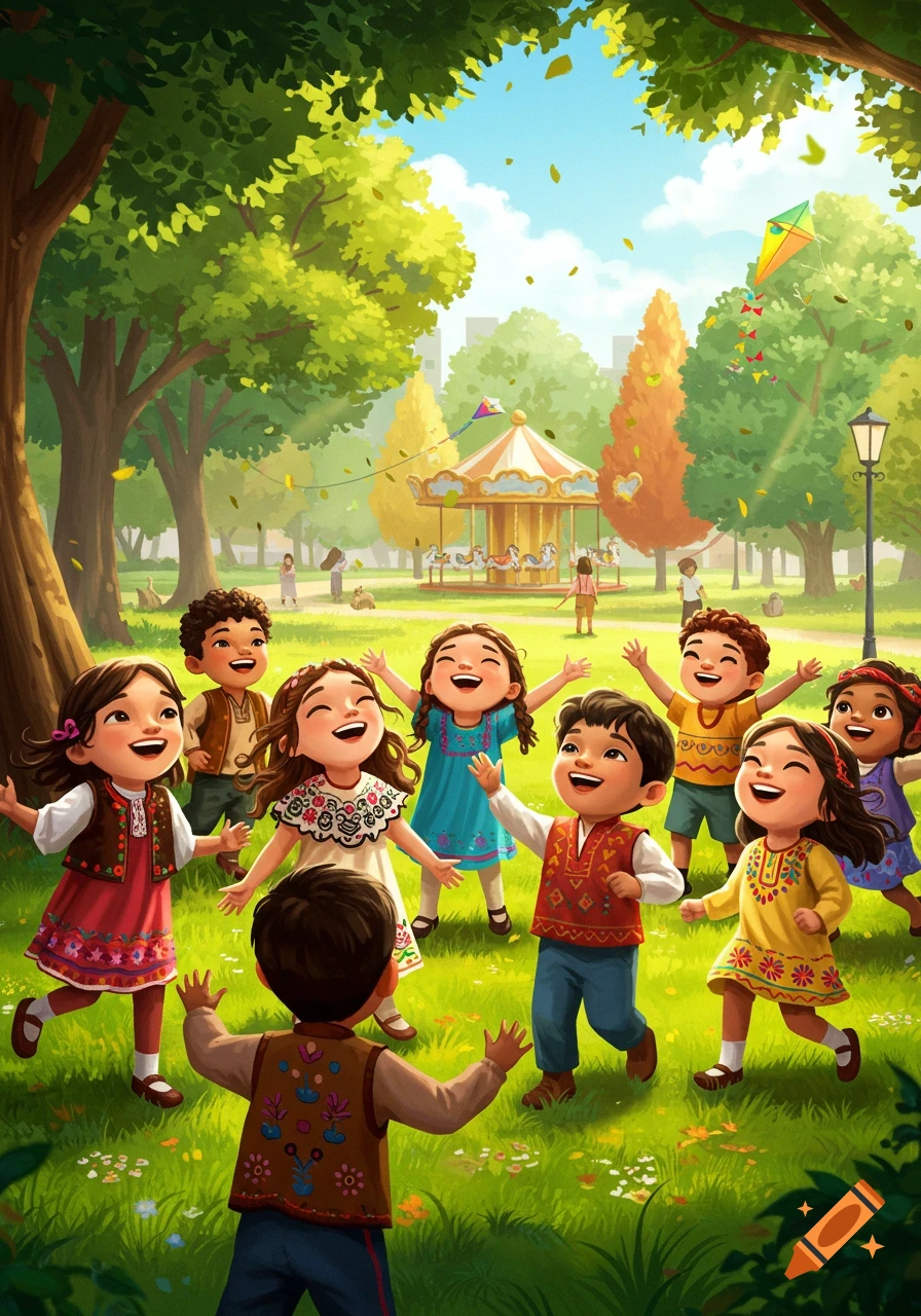 A vibrant illustration of many happy children playing and laughing in a sunny park with a carousel in the background.