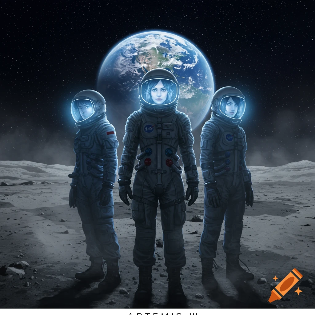 Three female astronauts stand on the moon's surface with Earth visible in the background and 'Artemis III' at the bottom.