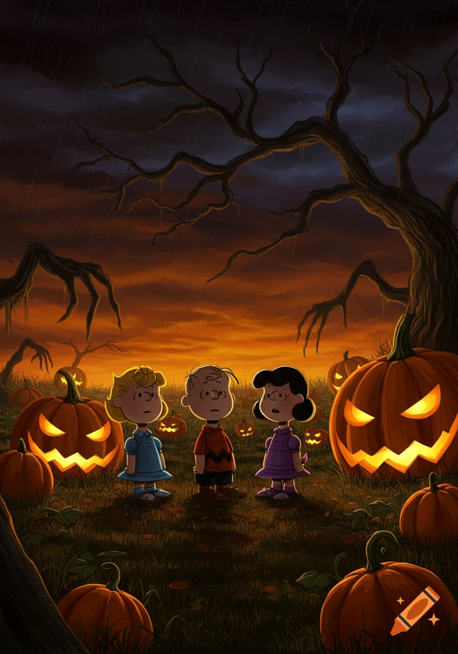Charlie Brown, Sally, and Lucy stand among glowing jack-o'-lanterns under a dark, rainy Halloween sky with spooky trees in comic style.