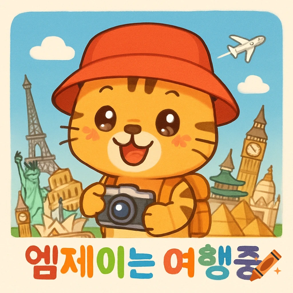 A cute cartoon tiger in a red hat with a camera and backpack, standing before famous landmarks under a blue sky. Text: '엠제이는 여행중'.