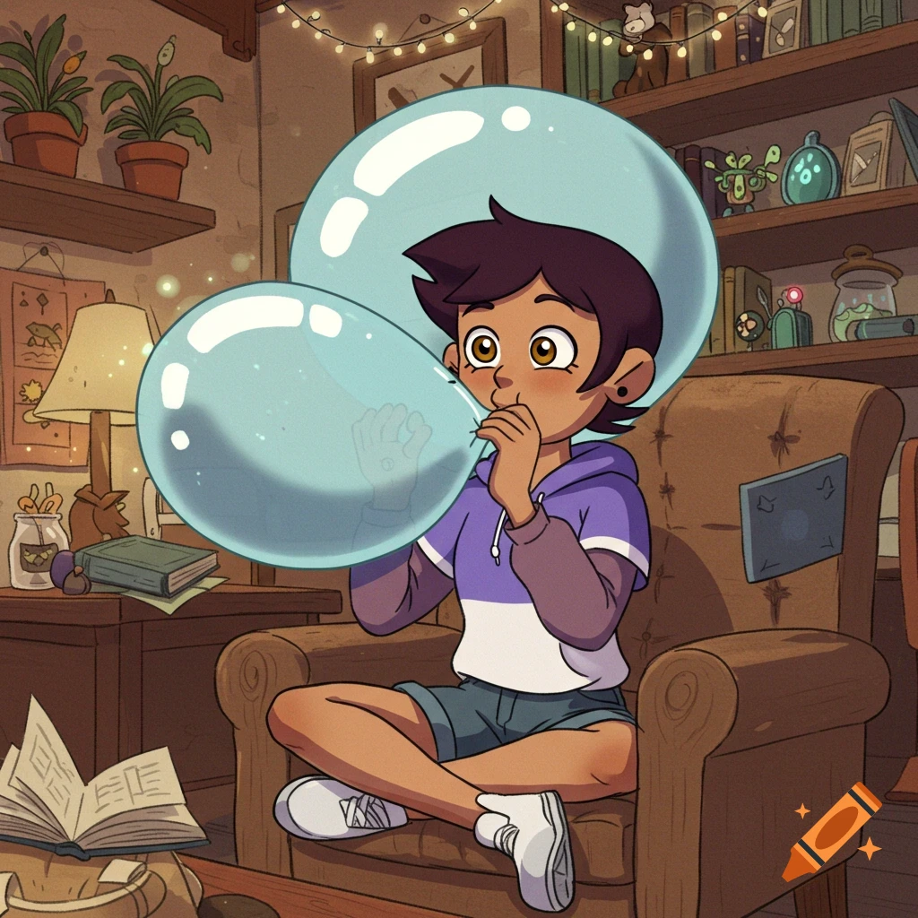 Luz Noceda, an animated character, sits in a cozy room, blowing a large, light blue balloon.