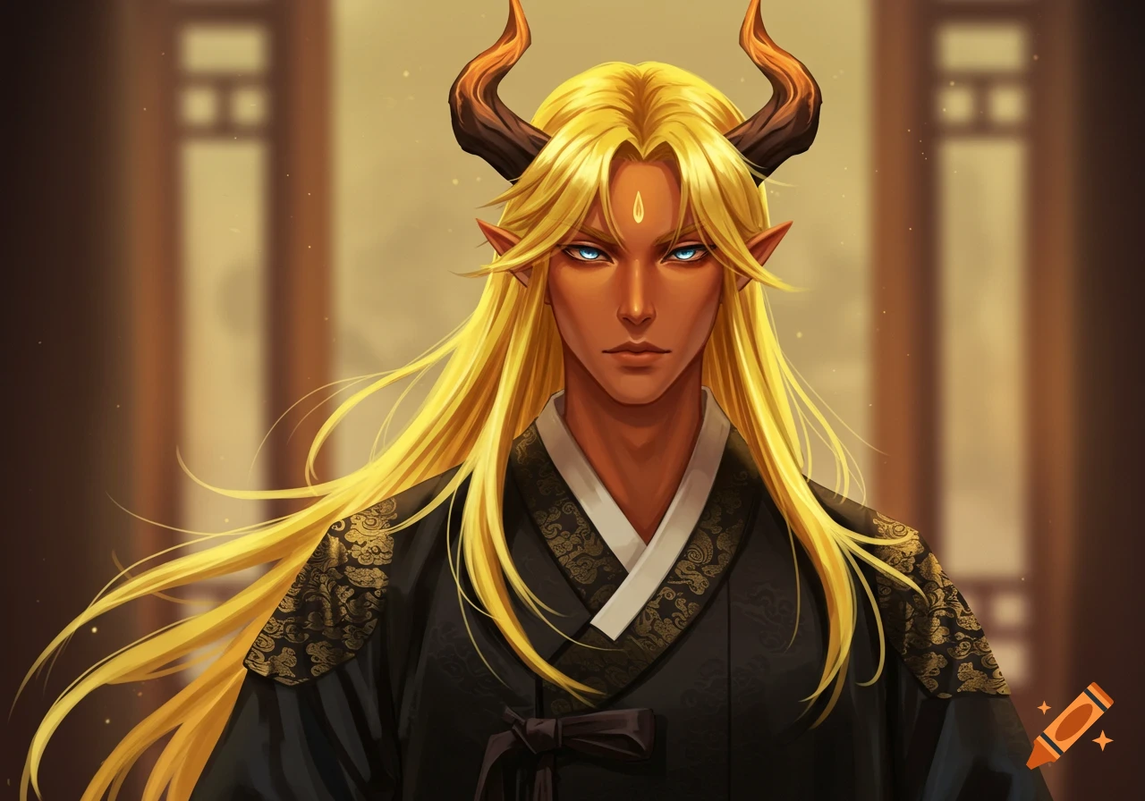 A fantasy male character with golden hair, pointed ears, horns, reddish-brown skin, and glowing blue eyes, wearing a black Hanbok.