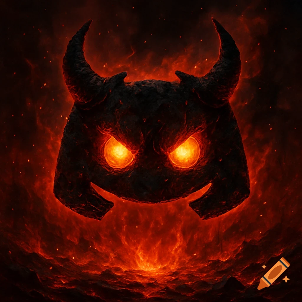 A fiery, demonic Discord logo with horns and glowing orange eyes, surrounded by hellish flames and embers.