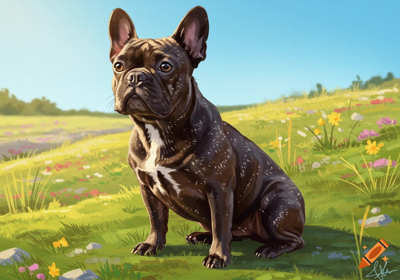 An illustration of a dark brown French Bulldog with white spots sitting in a sunny field of green grass and wildflowers under a blue sky.
