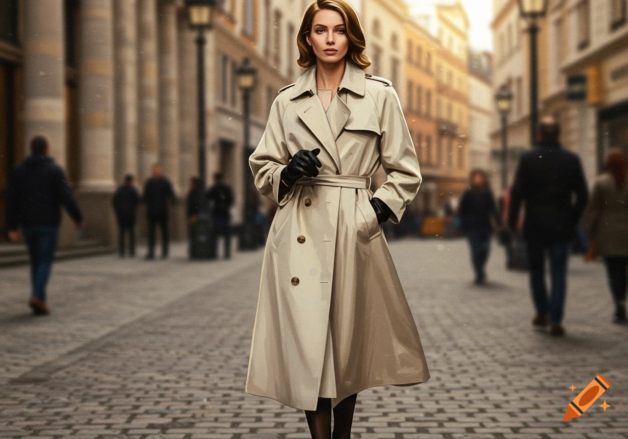 A photorealistic image of a woman in a beige trench coat walking down a cobblestone city street with blurred people and buildings in the background.