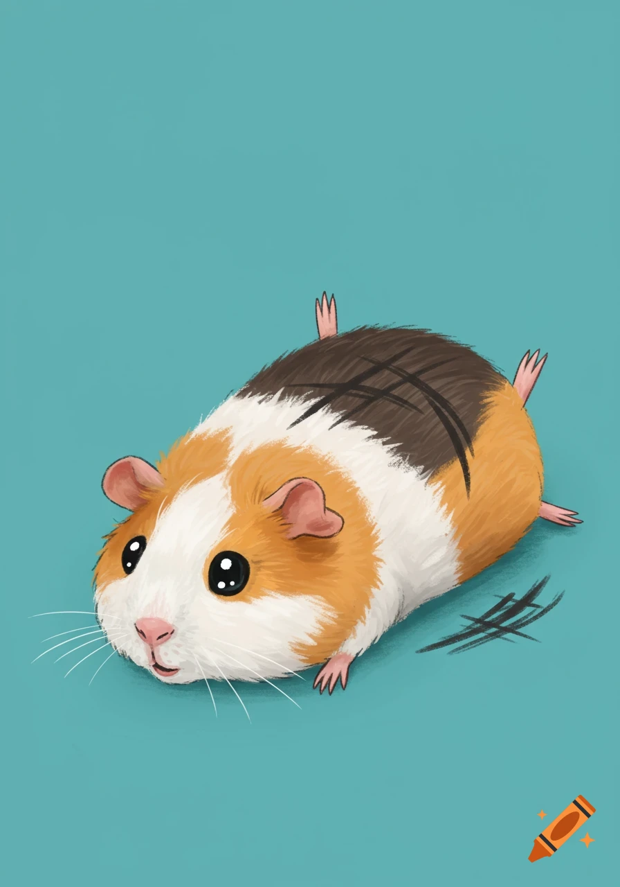 Cartoon guinea pig flattened like roadkill with black tire marks on a turquoise background.