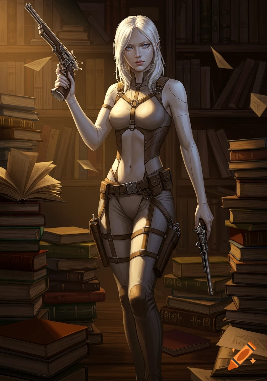 A fair-skinned woman with white hair in a light brown, strapped outfit holds two pistols, surrounded by stacks of old books in a realistic drawing.