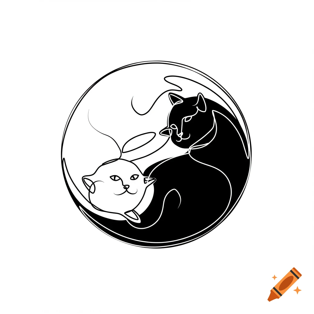 Black and white line art illustration of two cats forming a yin-yang symbol.