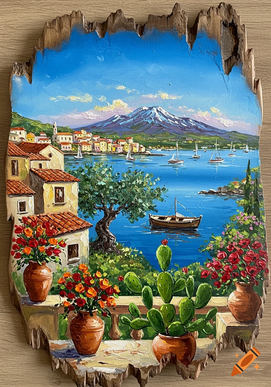 A vibrant painting on a piece of natural wood, depicting a Mediterranean coastal village with Mount Etna, boats on blue water, and flowering plants on a terrace.