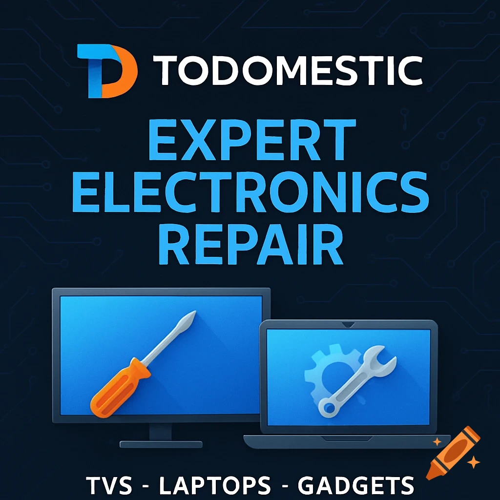 TODOMESTIC Expert Electronics Repair ad showing a monitor with a screwdriver and a laptop with a wrench, listing TVs, Laptops, Gadgets.