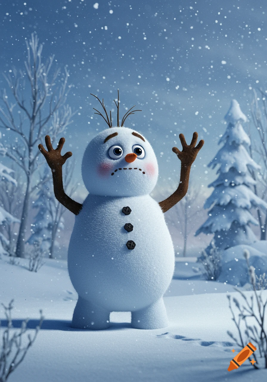 A distressed, cartoon-style snowman with stick arms and reddish cheeks stands in a snowy winter forest as snow falls.
