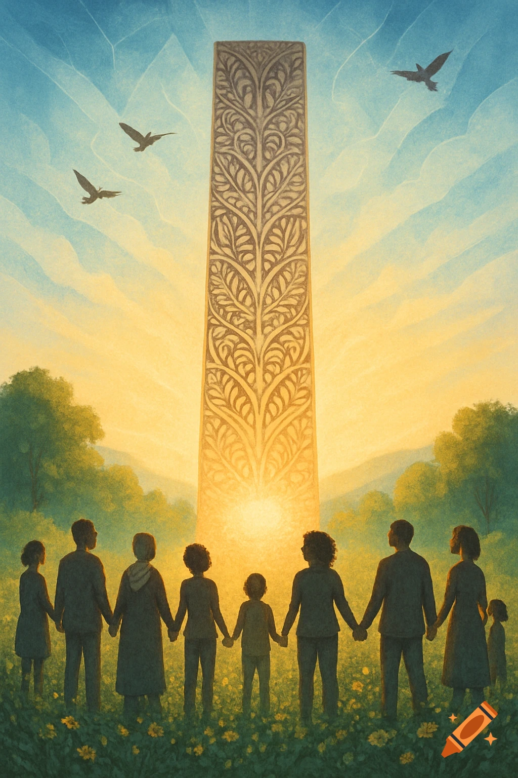 A diverse group of people holding hands, silhouetted against a sunrise, facing a tall monument with tree-like patterns, surrounded by flowers and trees, with birds flying in the sky.
