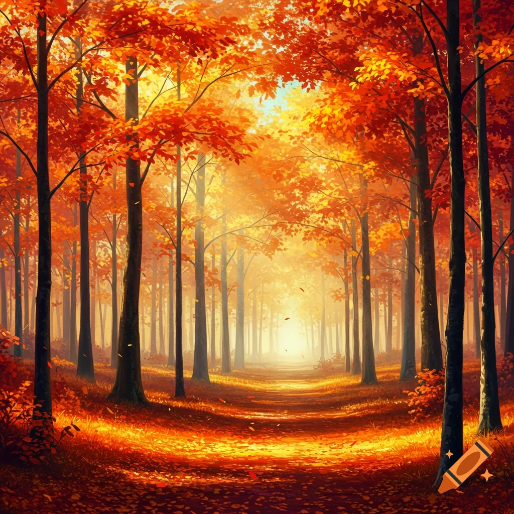 A vibrant path winds through an autumn forest, illuminated by golden light and trees with fiery orange and red leaves.