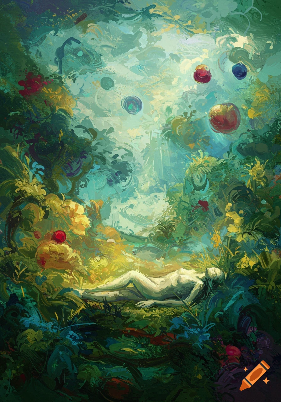 An abstract, painterly artwork of a nude figure lying in a vibrant, fantastical garden with floating orbs of light.