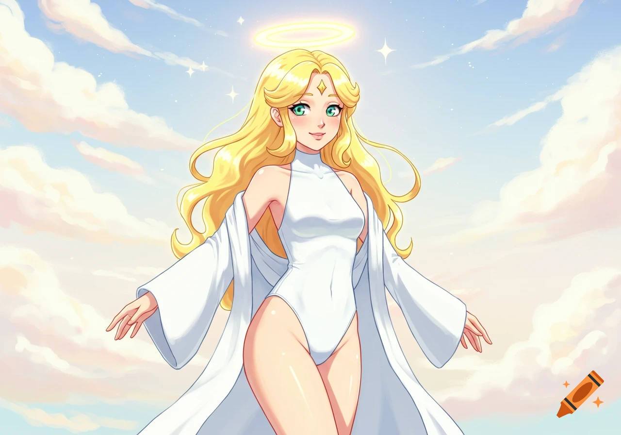 Anime-style female character with long blonde hair, a halo, wearing a white leotard and cloak, against a cloudy blue sky.