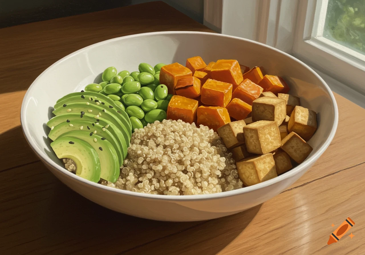 A vibrant buddha bowl filled with quinoa, sliced avocado, edamame, roasted pumpkin, and crispy tofu cubes in a white ceramic bowl near a window.
