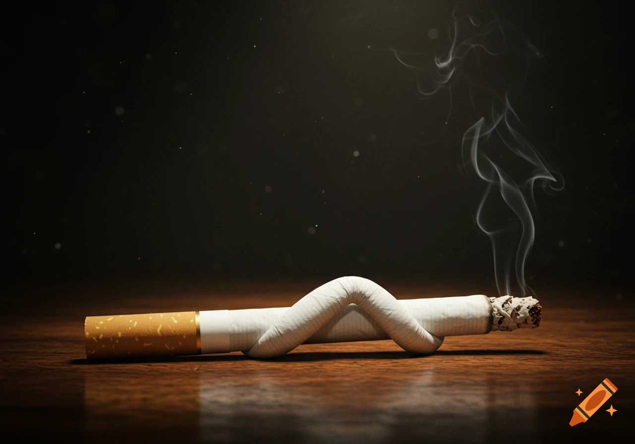 A lit cigarette tied in a knot on a wooden surface, with smoke rising against a dark background, photorealistic style.