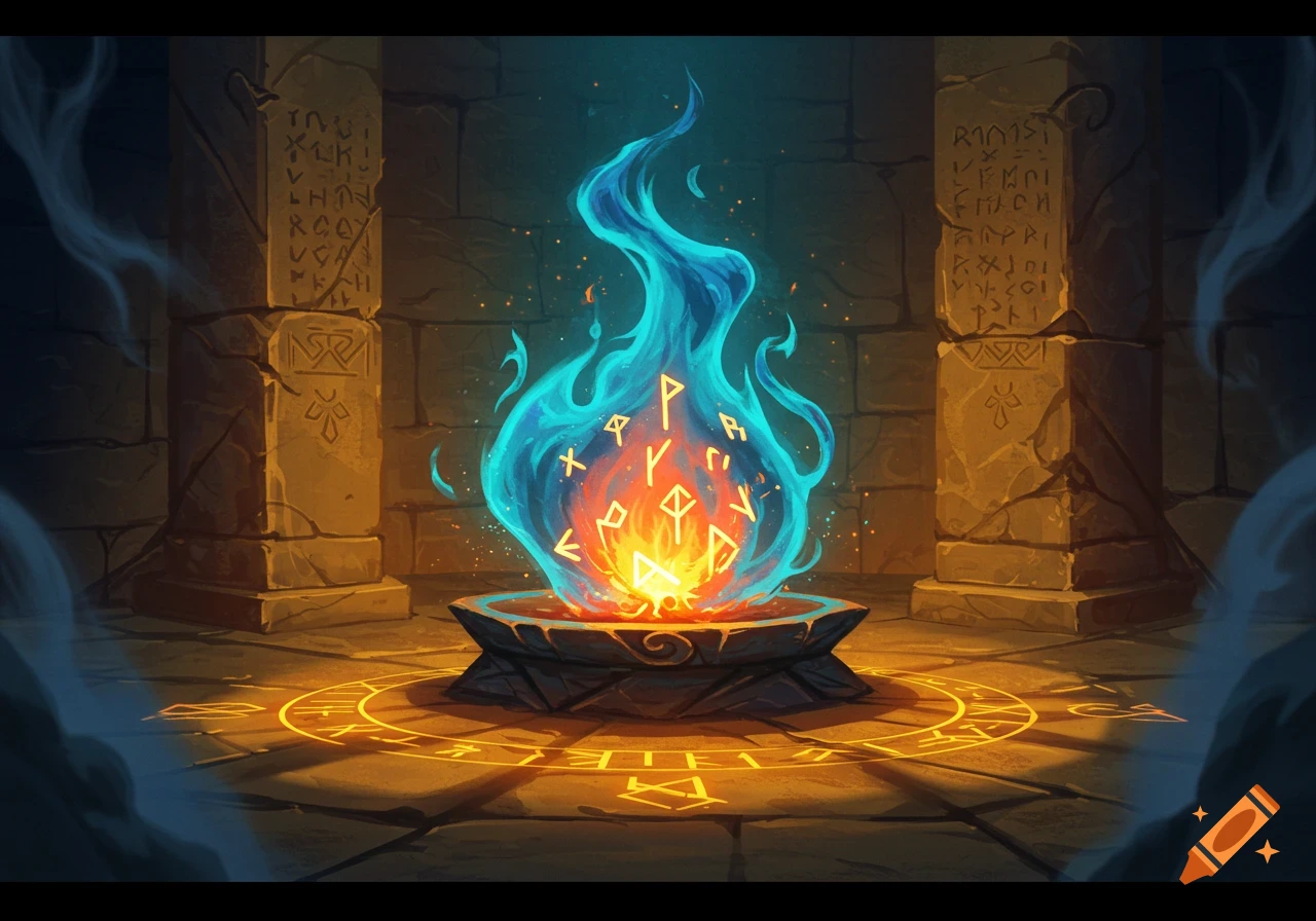 A vibrant blue and orange rune flame glows in a dark fantasy stone chamber with runic pillars and a magical floor circle.