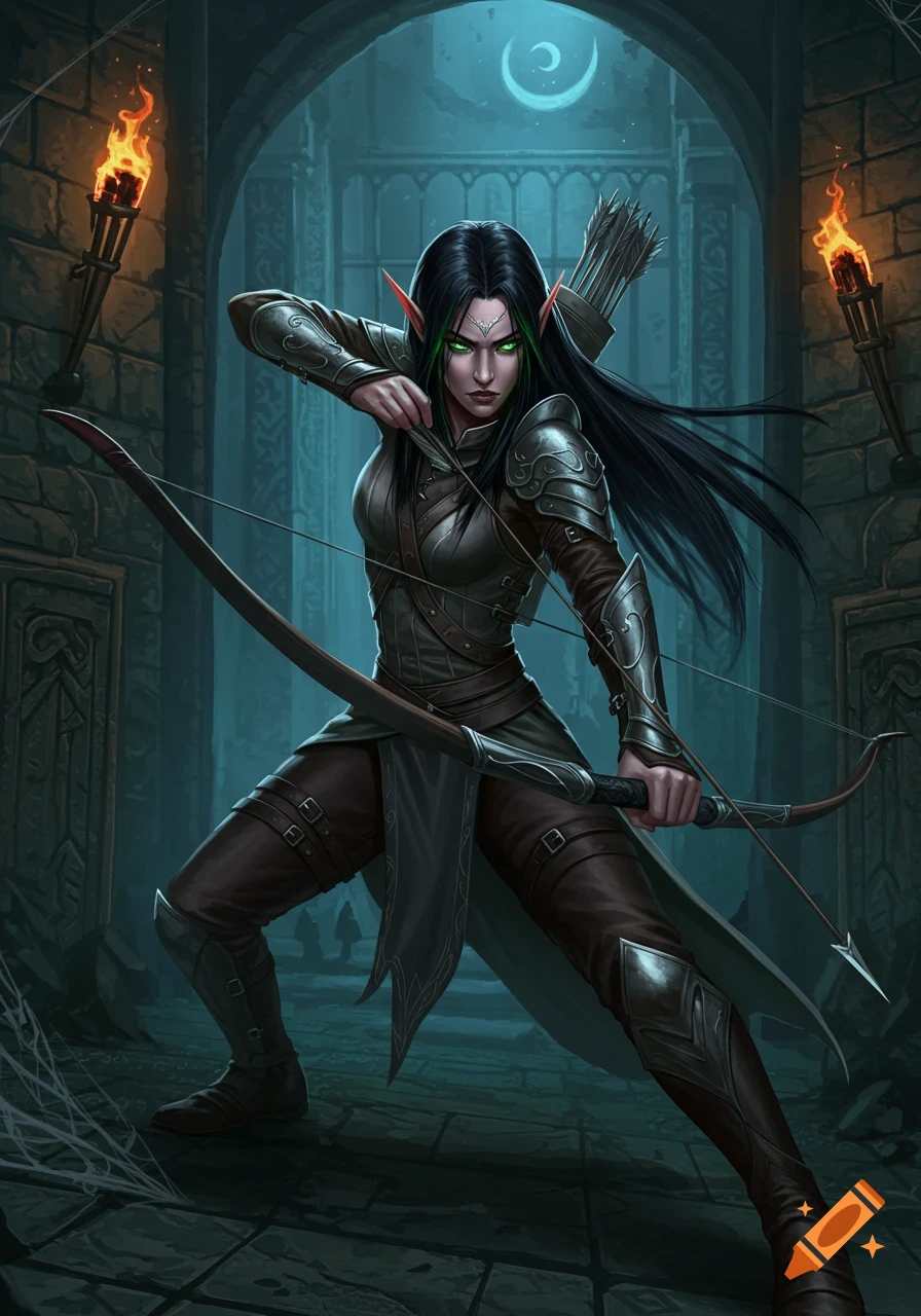 A dark-haired elf archer in armored clothing with green eyes aims her bow in a dimly lit dungeon with torches and stone walls.