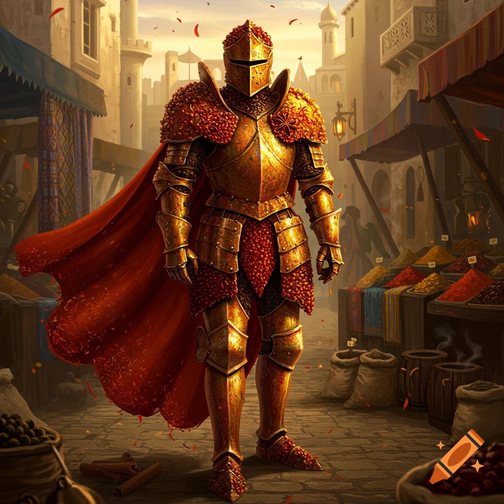 A knight in golden armor adorned with red spices stands in a bustling marketplace at sunset, fantasy art.
