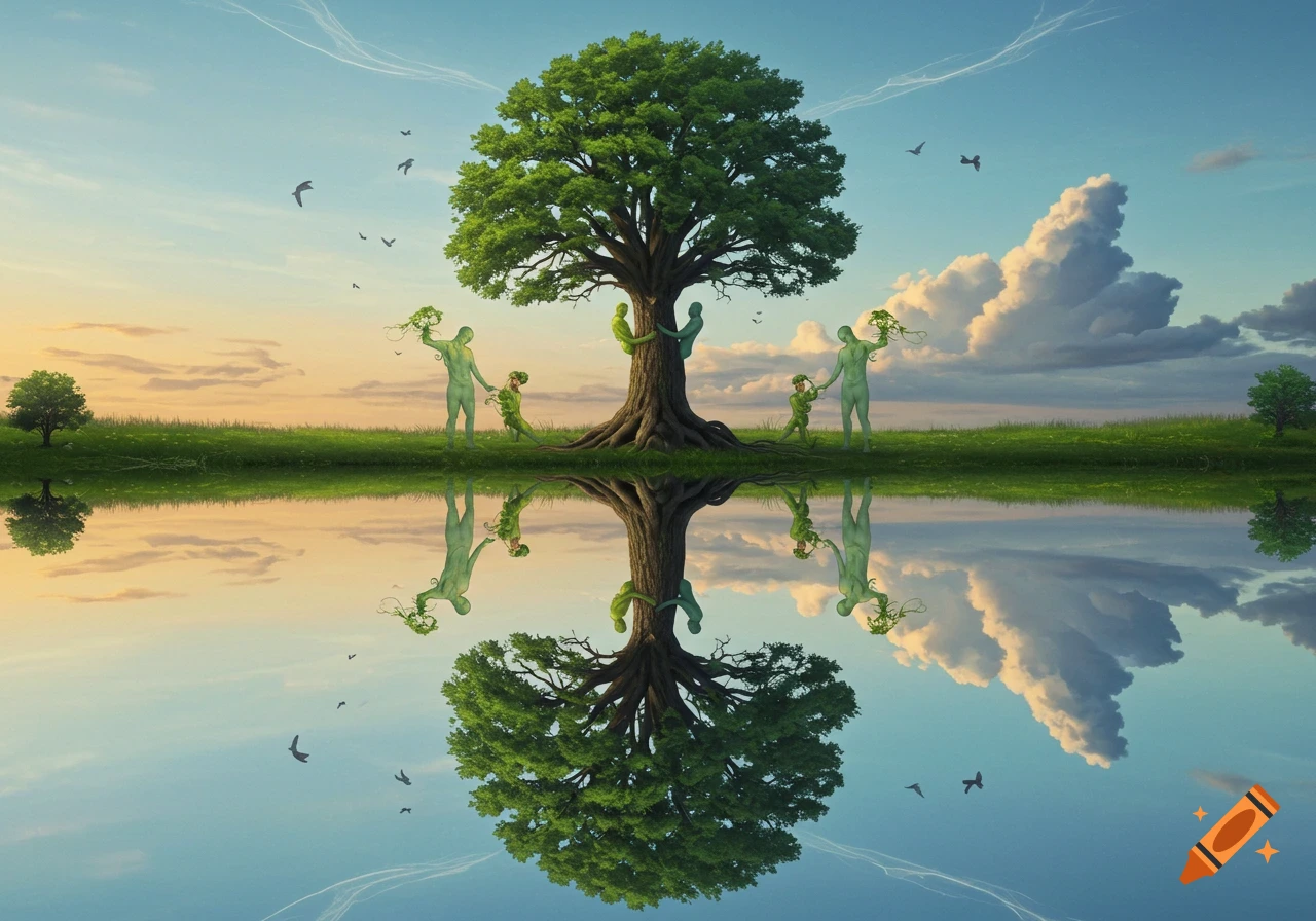 A vibrant green tree on a grassy bank, reflected in still water, surrounded by green nature spirits tending to it under a tranquil sky.