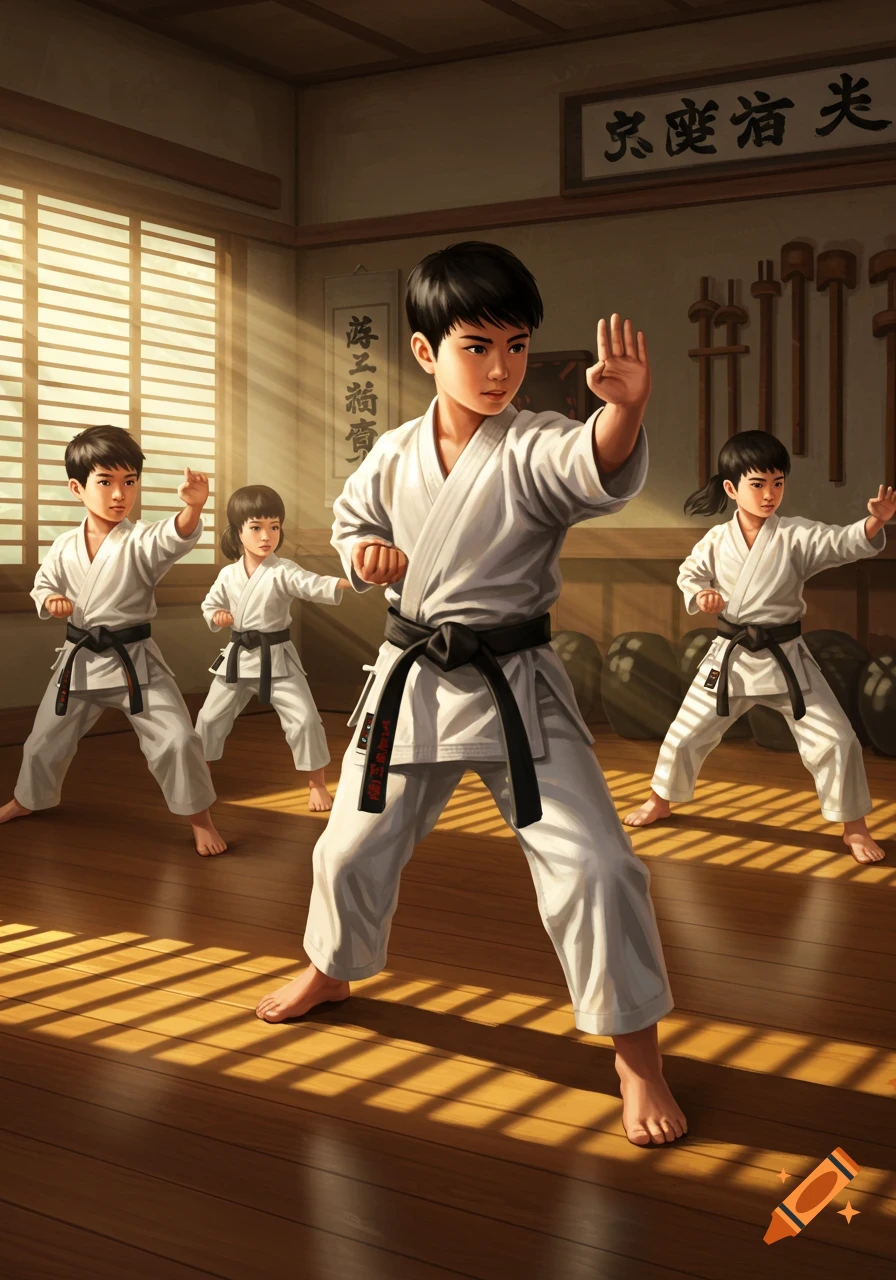 Four Asian children in white gis with black belts practice karate stances in a sunlit dojo.