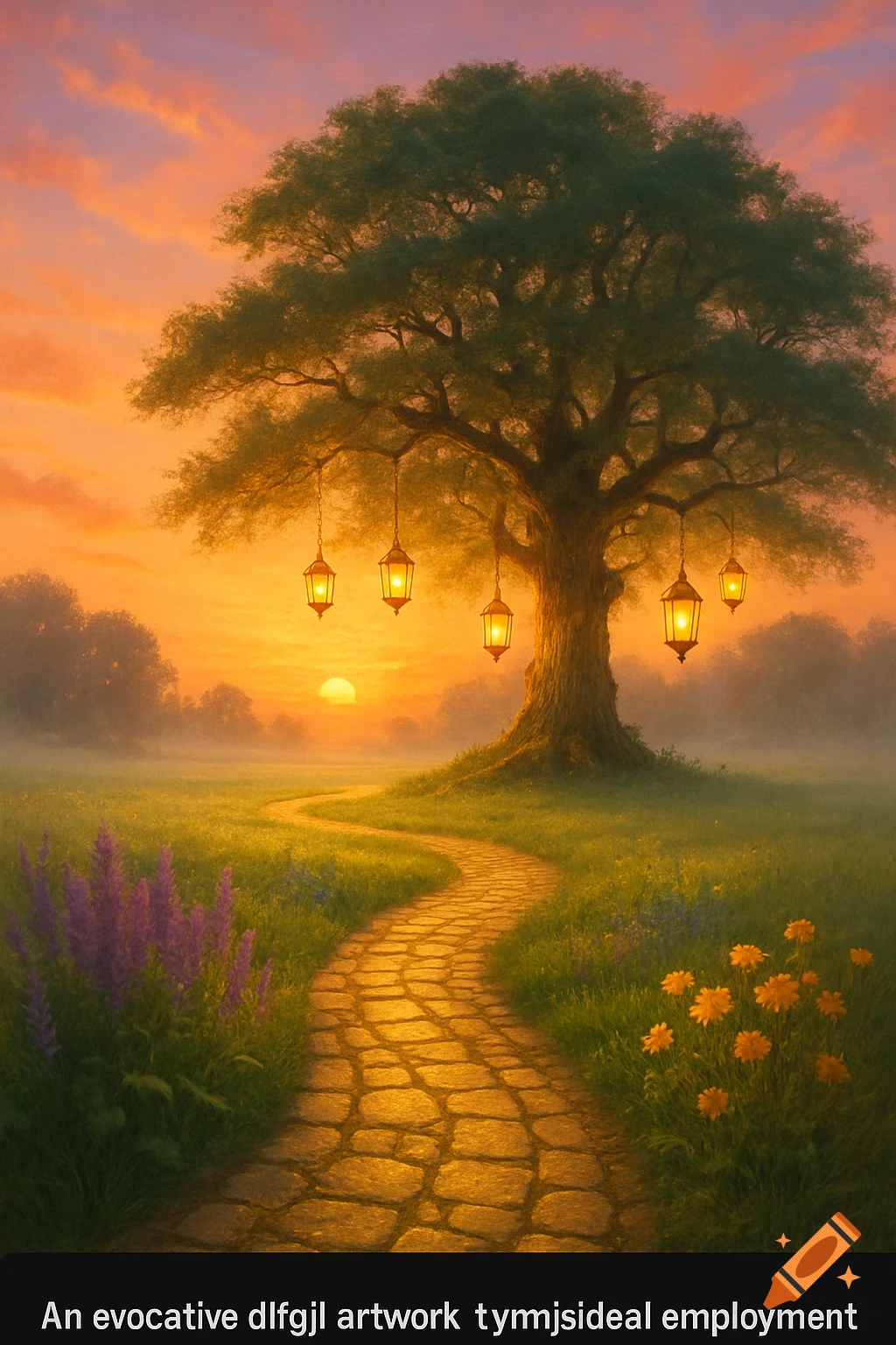 A vibrant sunset illuminates a magical landscape painting with a large tree, lanterns, a winding path, and colorful flowers.