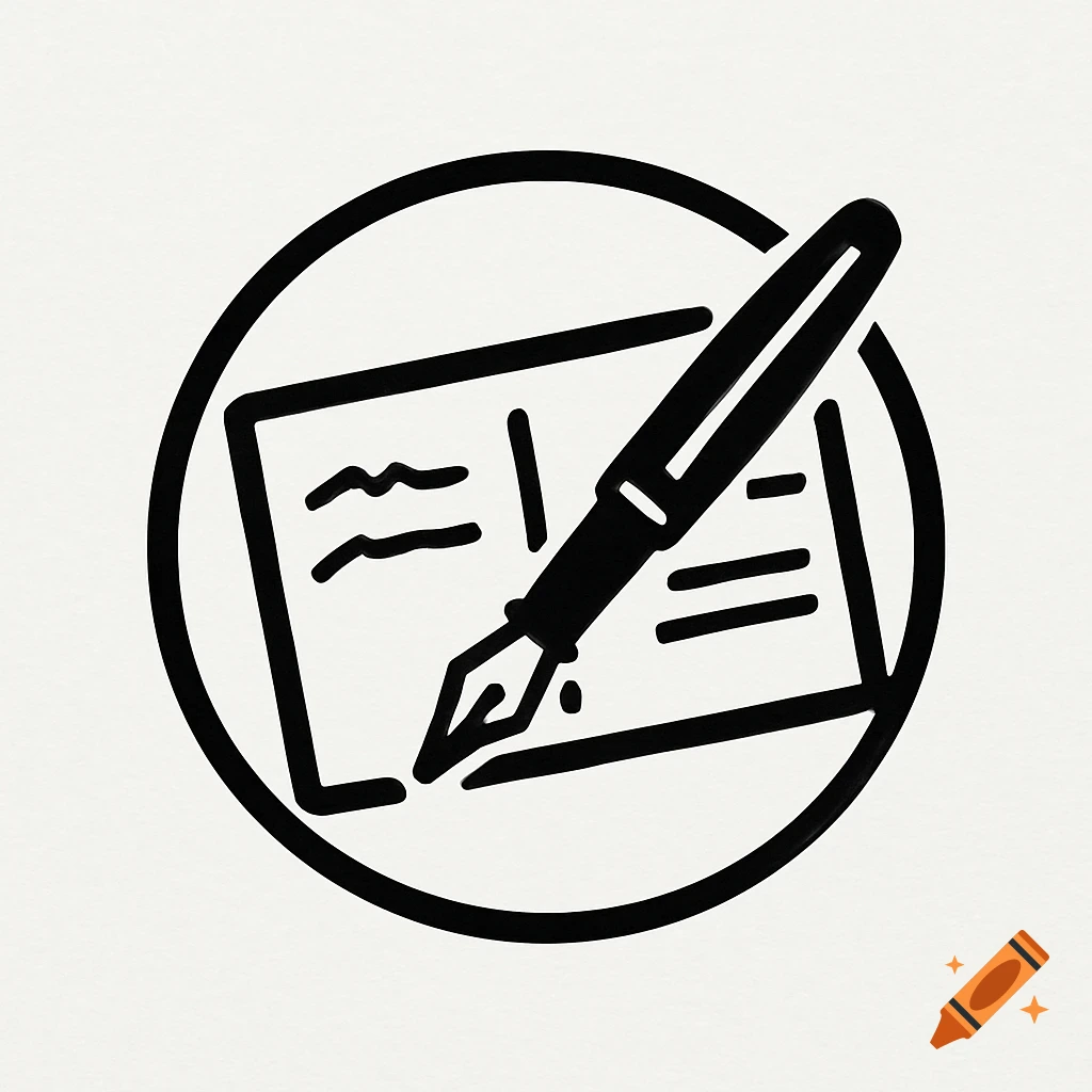 A black and white minimalist icon of a fountain pen writing on a postcard, all enclosed in a circle.