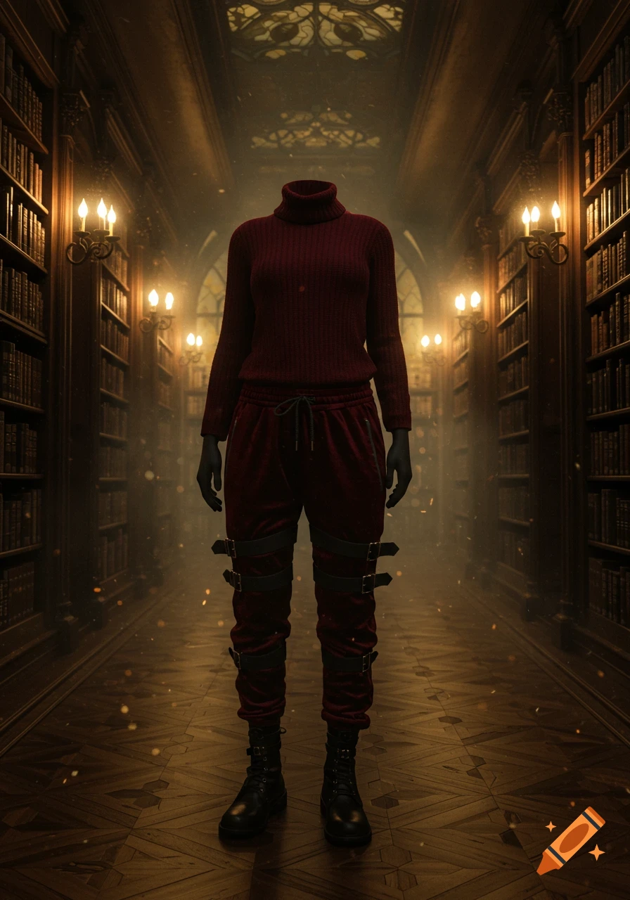 A headless figure dressed in a dark red turtleneck, velvet sweatpants with buckles, and boots stands in a dimly lit, ornate library.