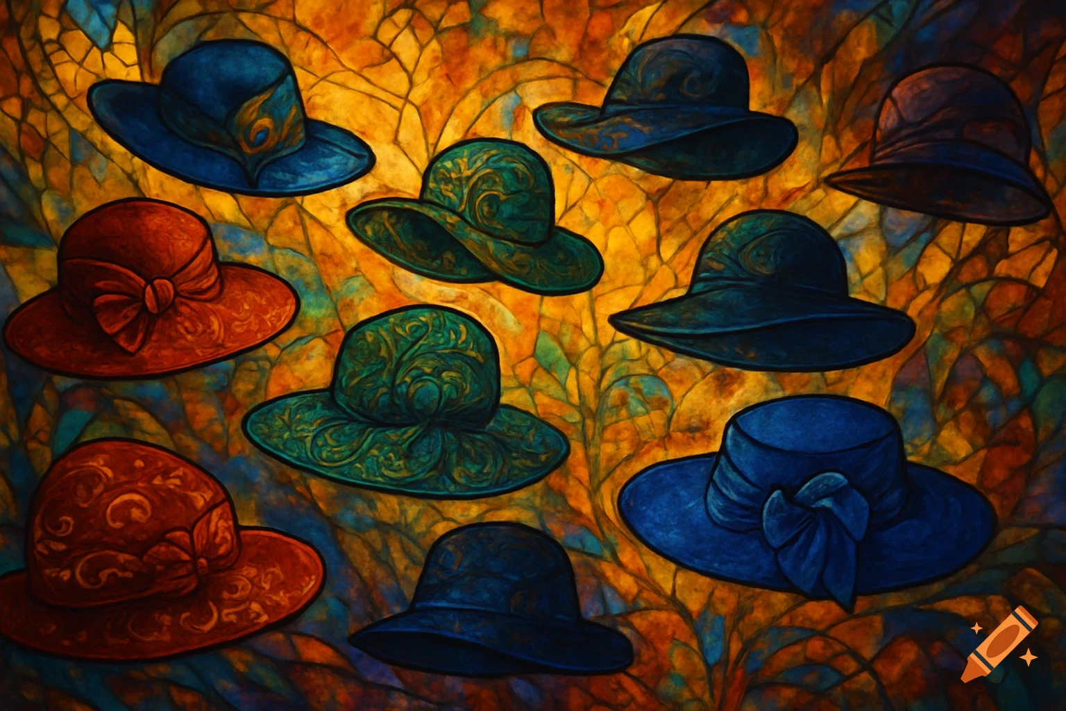 A vibrant, mosaic-style painting shows several richly colored blue, green, and red autumn hats with intricate patterns on a warm, abstract background.