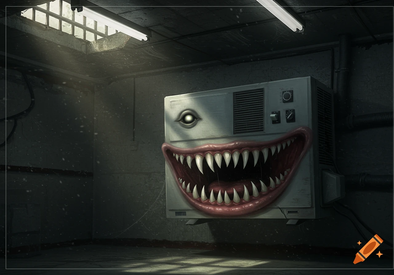 A spooky air conditioner with a single eye and many sharp teeth smiles menacingly in a dark, grimy room with light filtering from a barred window.