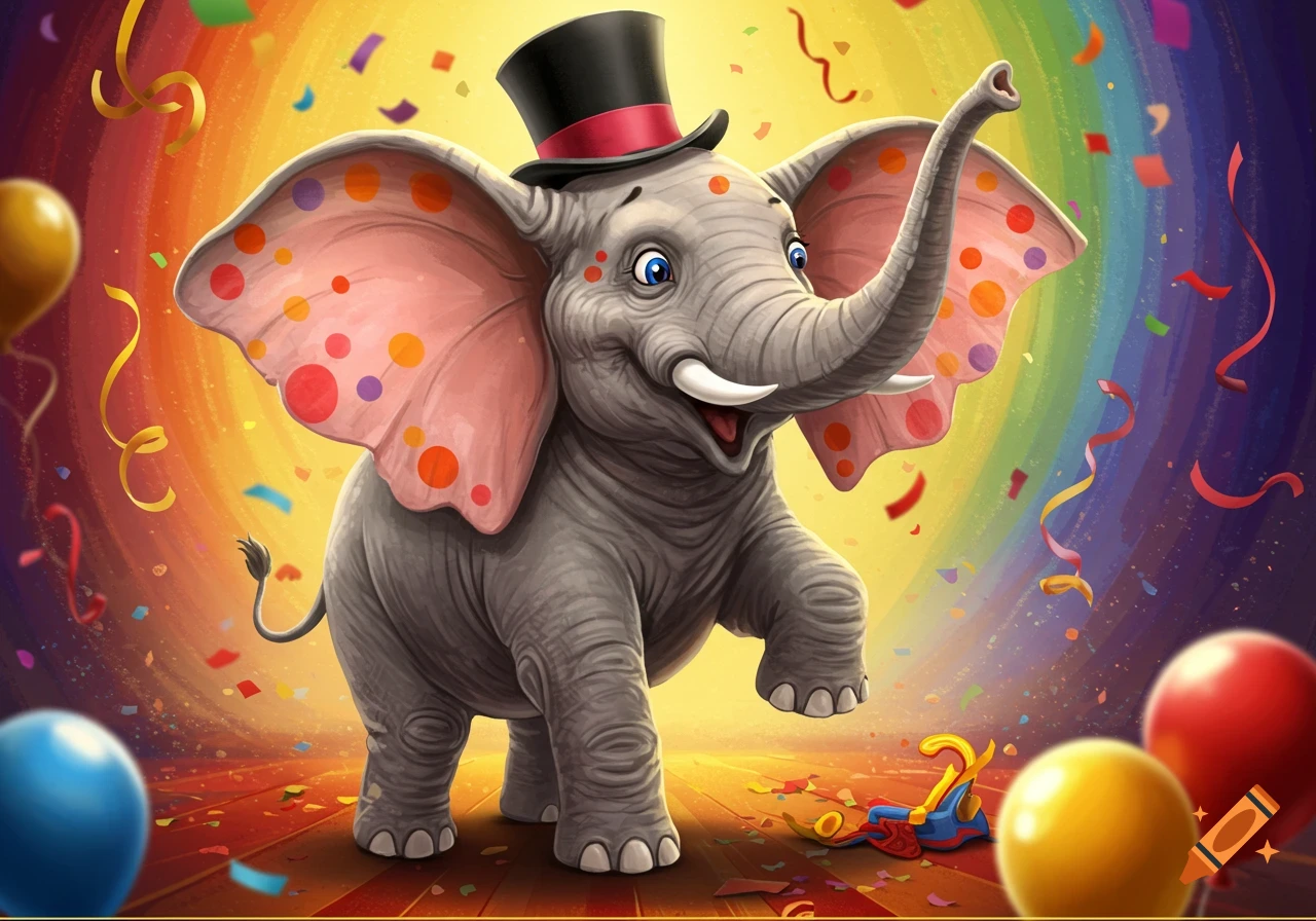 Cartoon elephant in a top hat smiling, trunk raised, surrounded by confetti and balloons against a rainbow background.