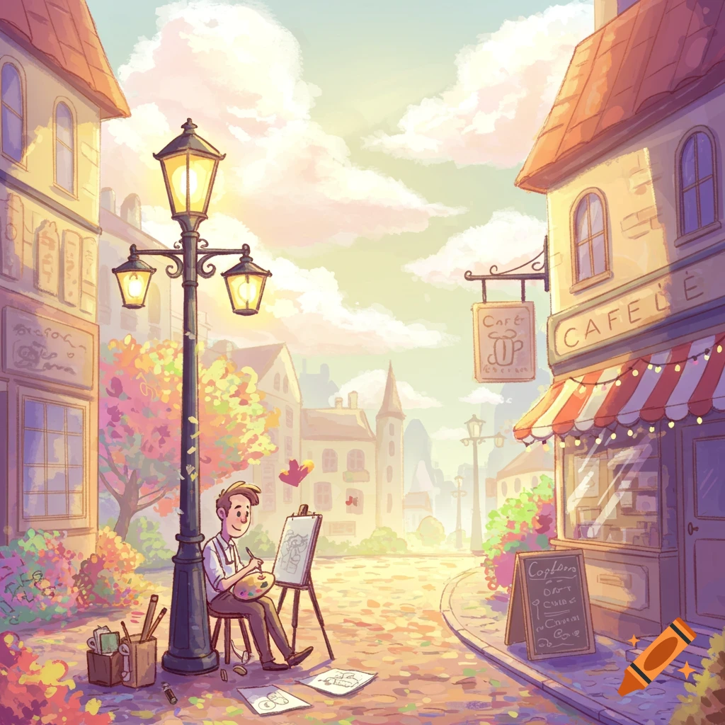 A cartoon artist paints on an easel in a bright, colorful European street with a cafe.