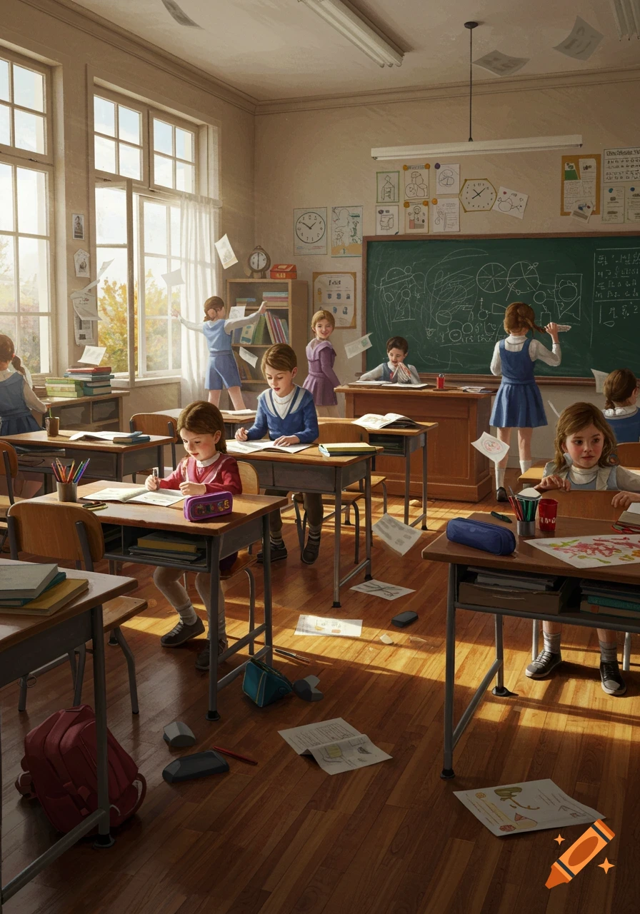 A sunlit, chaotic classroom with children drawing, writing, and throwing papers, some on the floor.