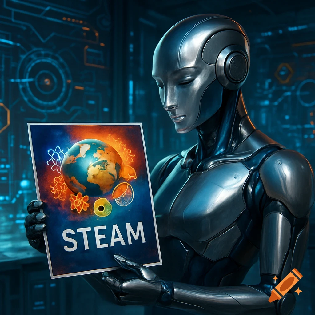 A metallic robot holds a sign with 'STEAM' text and a globe, surrounded by scientific symbols, in a high-tech room.