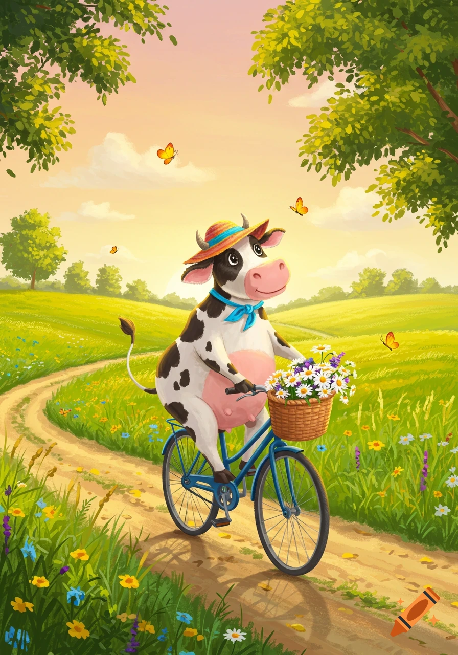 A happy cartoon cow in a straw hat rides a blue bike with a flower basket through a sunny, green meadow with wildflowers and butterflies.
