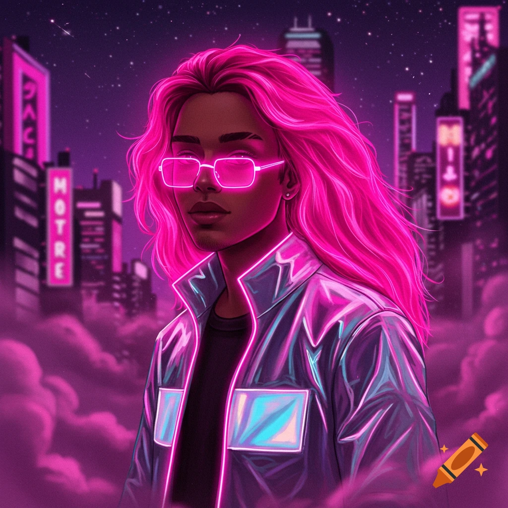 A person with long pink hair and neon glasses in a futuristic cityscape at night, rendered in a cyberpunk style.